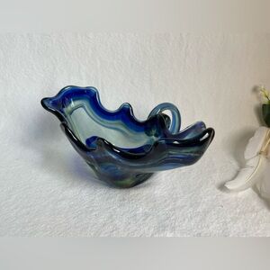 Vintage Handblown Spiral Centerpiece Stretched Art Glass Swirl Blue & Yellow
